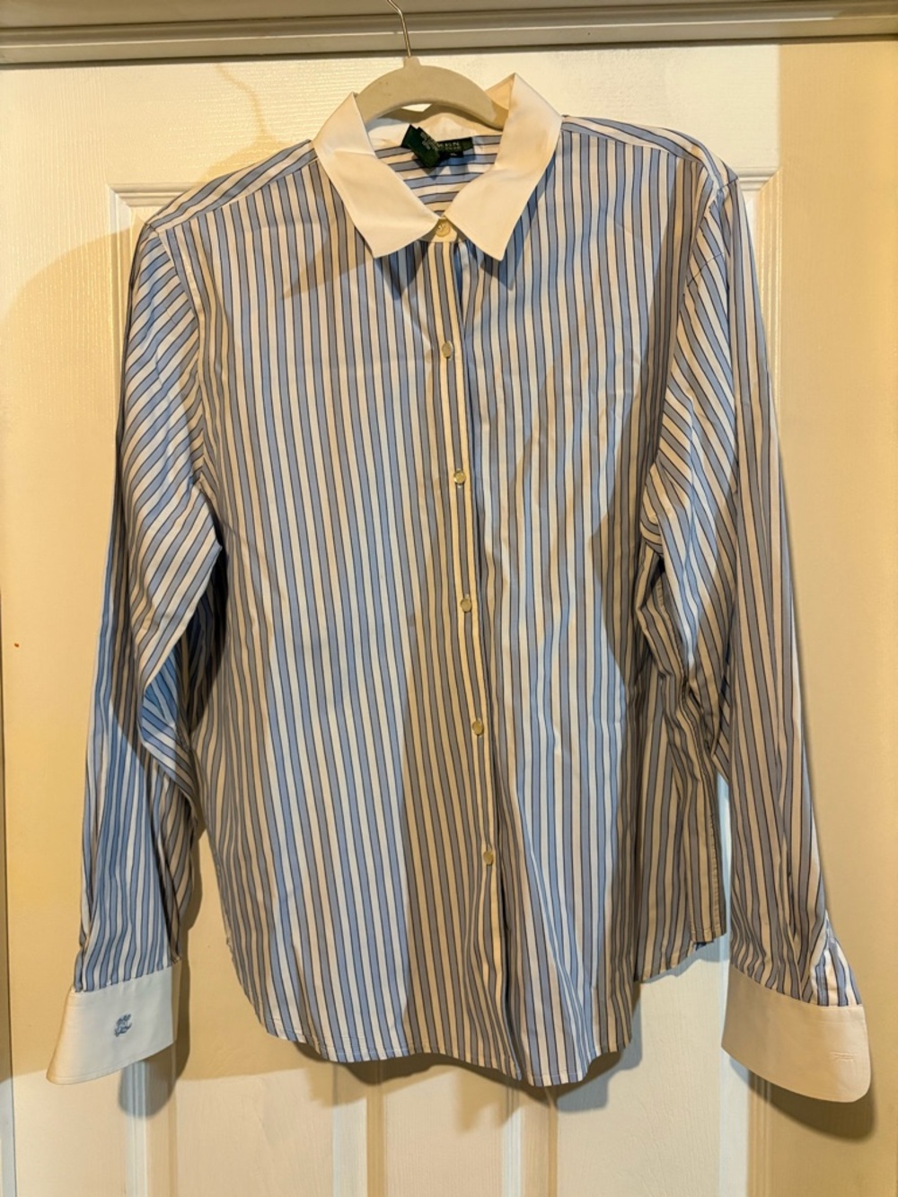 Woman  Blue & White Striped Button-Up Shirt with White Collar